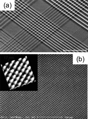 (a) SEM image of a few hundred Pt nanowire crossbar circuits fabricated by repeating the SNAP process. The crossbars are fabricated from Pt nanowires with pitches ranging from 20 to 80 nm. The central crossbar has a junction density of ∼5 × 1010 cm−2, and the two crossbars to the lower left and right of this central one are at a junction density of ∼1011 cm−2 (from ref. 89). (b) The central region of a 13 000 junction metal cross-bar structure. This circuit was generated by carrying out two consecutive nanoimprinting processes. The same mold was employed for both. The inset shows an AFM image of a magnified region of the cross bar (from ref. 59).