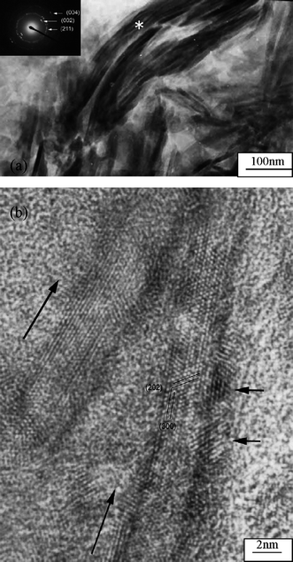 TEM image of mineralized collagen fibrils. The insert is a selected area electron diffraction pattern of the mineralized collagen fibrils. HRTEM image of mineralized collagen fibrils. The two long arrows indicate the longitudinal direction of the collagen fibrils. The two short arrows indicate two HA crystals. Reprinted with permission from ref. 21.