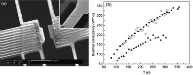 (a) A scanning electron microscope image of the test structure for thermal conductivity measurement with a nanotube on it. The inset shows the corresponding transmission electron microscope image of the same device with scale bar of 1 μm. (b) The thermal conductivity of a boron nitride nanotube (solid triangles), an isotopically pure boron nitride nanotube (solid squares) and a carbon nanotube (open circles). These tubes have similar outer diameters. Details can be found in ref. 43. Reprinted with permission from the American Physical Society.
