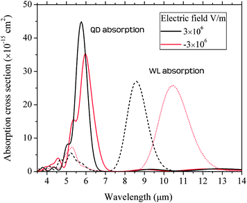 Absorption cross section calculation results of the DWELL structure. Shown are the absorption spectra for an electron in the QD ground state and an electron in the WL ground state.