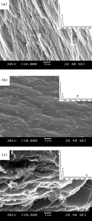 SEM images of (a) graphite oxide, (b) G-Au and (c) G-Pd. The insets are EDS images.