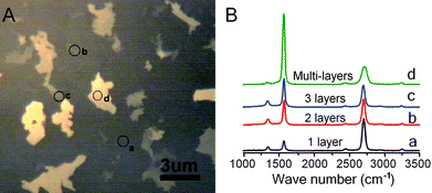(A) Typical optical image of the CVD growth graphene film, consisting of single-layered domains (dark area) and few-layered domains (bright areas). (B) Raman spectra of several regions on the graphene film (indicated as a, b, c, d in both panel A and panel B, see text for definition). The number of graphene layers can be determined by the peak intensity ratio of 2D and G bands in the Raman spectrum.