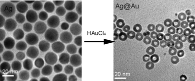 Synthesis of Ag@AgAu metal core/alloy shell nanoparticles by the replacement reaction between Ag nanoparticles and HAuCl4. (Reproduced with permission from ref. 152. Copyright 2007 Wiley-VCH Verlag GmbH & Co. KGaA.)