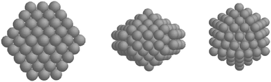 Schematic illustrations of the crystal structure of fcc metal nanoparticles. From left to right: single-crystalline nanoparticles, decahedral multiply twinned particles (MTPs), and icosahedral MTPs.