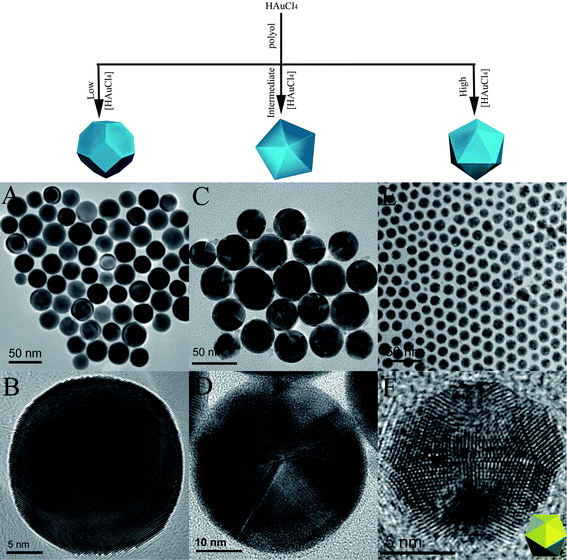 Tuning the crystal structures of Au nanoparticles in a modified polyol synthesis. A-B: TEM and HRTEM images of single-crystalline Au nanoparticles; C-D: TEM and HRTEM images of round decahedral Au MTPs; E: TEM image of icosahedral Au MTPs; F: HRTEM image of an icosahedral MTP along the two-fold symmetry axis; Inset in the bottom right corner is the schematic illustration of the icosahedron oriented as such. (Reproduced with permission from ref. 96. Copyright 2007 Wiley-VCH Verlag GmbH & Co. KGaA.)