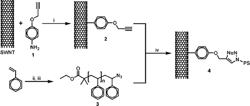 (i) Isoamyl nitrite, 60 °C; (ii) EBiB, CuBr/BPy, DMF, 110 °C; (iii) NaN3, DMF, room temperature; (iv) Cu(i), DMF (from ref. 23).