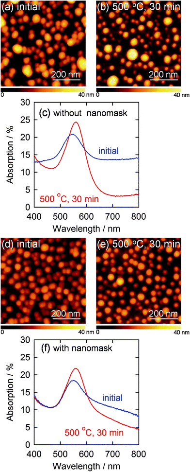AFM images of AuNPs electrodeposited on a bare ITO at −0.5 V vs. Ag|AgCl for 20 s (a) before and (b) after annealing at 500 °C for 30 min and (c) corresponding visible absorption spectra. AFM images of AuNPs deposited through the Al2O3 nanomask at −2.0 V vs. Ag|AgCl for 10 s (d) before and (e) after annealing at 500 °C for 30 min are also shown with (f) corresponding visible absorption spectra.
