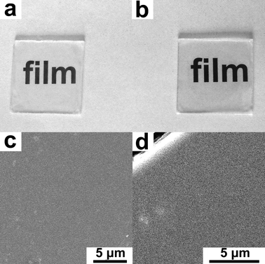 Photographs for the PMMA-co-Sn12Cluster/Er(TTA)3phen film (a), PMMA-co-Sn12Cluster-co-ErAA(TTA)2phen film (b). SEM images for PMMA-co-Sn12Cluster/Er(TTA)3phen film (c), PMMA-co-Sn12Cluster-co-ErAA(TTA)2phen film (d).