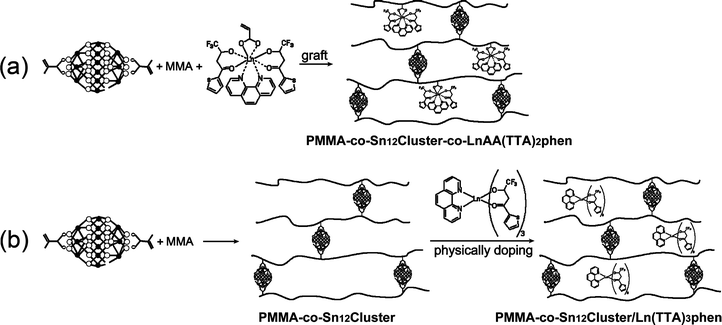 The proposed mechanisms for the formation of PMMA-co-Sn12Cluster/Ln(TTA)3phen and PMMA-co-Sn12Cluster-co-LnAA(TTA)2phen hybrid materials (Ln = Er, Yb, Nd, and Sm).