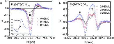 The PRS spectra6 due to (a) Pt(6s0) and (b) Rh(5s1) adatoms (coverage in ML) revealed that the Pt adatom serves as an acceptor while Rh adatom as a donor in catalytic reactions because of the broken bond-induced local strain and quantum entrapment (T) for both Rh and Pt, and the s-electron polarization (P) for Rh only. The valley B corresponds to the bulk component while the valley at 307.25 eV for Rh arises from the coupling of quantum entrapment and polarization. The inset in (a) is the PRS for the hexagonally reconstructed Pt(001) surface with denser edges,125 exhibiting the same features as that of Pt adatoms.