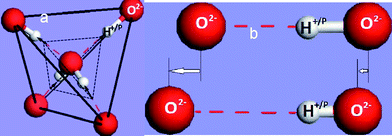 (a) Schematic illustration of the new “bond contraction nonbond expansion” ice rule and the 2H2O tetrahedron with the “two-in two-out” H2O model included. (b) The stronger intramolecular H+/p–O2− bond contracts following the regular rule of thermal expansion and BOLS correlation while the weaker H+/p : O2− nonbond expands when the bonding pair of electrons come closer to the central H+/p due to the polarization of the lone pair “:” by the close-moving densely trapped bonding electron pair. The net distance of the O2− : H+/p–O2− expands simultaneously and identically when temperature drops, resulting in the density anomalies of ice. Applying pressure reverse the processes of low-T and low-z.