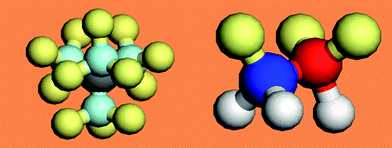 Hypothetic (a) CF4 (C4+ + 4F− + 4 × (3:)) and (b) NO (N3− + O2− + 3(−) +3(:)) molecules. (−) represents the dangling bond and (:) the nonbonding lone pair.