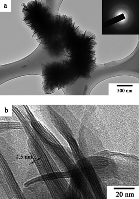 (a) Typical TEM image and (b) HRTEM image of sample 1 (inset of (a): SAED pattern).