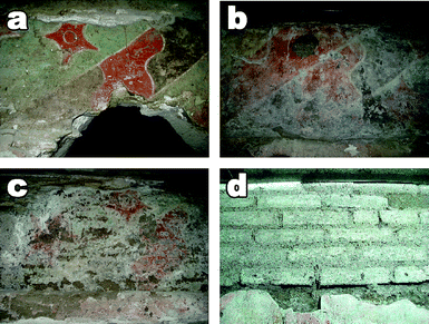 The picture illustrates (from a to d) the progressing degradative steps of a wall painting in Cholula (Mexico) treated with a combination of acrylic and vinyl polymers. Polymers led to the complete disruption of the painting in a few years after the application.