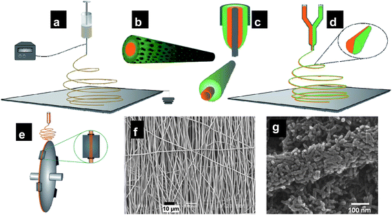 (a) Typical electrospinning setup with a high voltage applied between the spinneret and the grounded collector on which the substrate is placed. Schematic diagrams of (b) a porous nanofiber created through burning-off of polymer precursors or solvent etching, (c) core–shell nanofibers created by using coaxial material sources and (d) bifacial nanofibers. (e) Electrospinning on to a high-speed rotating drum for alignment. (f) Aligned nanofibers (reproduced from ref. 60 with permissio. Copyright 2008 Elsevier). (g) TiO2 nanorods in a nanofiber morphology created using a high-molecular-weight polymer (reproduced from ref. 61 with permission. Copyright 2009 American Chemical Society).