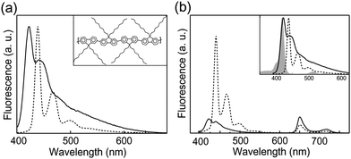 (a) Fluorescence spectra of glassy PFO nanoparticles (solid) and mixed-phase nanoparticles (dotted) obtained by toluene swelling. Inset: chemical structure and the β-phase conformation of the conjugated polymer PFO. (b) Fluorescence emission spectra of TPP-doped glassy PFO (solid) and β-phase nanoparticles (dotted). The inset displays spectral overlap between the TPP absorption (gray) and fluorescence emission of glassy PFO (solid) and β-phase nanoparticles (dotted). Reproduced with permission from ref. 28. Copyright American Chemical Society, 2008.