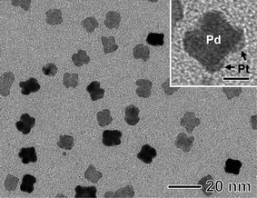TEM image of the Pd-Pt sample prepared under the same conditions as those in Fig. 3(b) except that the reaction time was shortened to 30 min. The scale bar in the inset corresponds to 5 nm.
