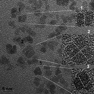 HRTEM image of Sb-doped SnO2 nanocrystals. The insets show in detail the growth process evolving different facets.