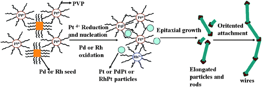 Proposed illustration of formation modes of Pd/Pt and Rh/Pt bimetallic nanowires.