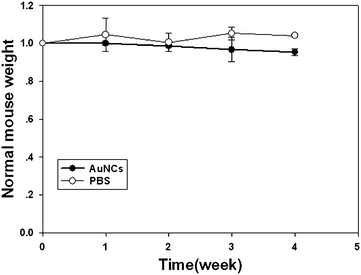 Change in body mass of mice injected with AuNCs (200 μl, 2.35 mg ml−1) compared with that of mice injected with 200 μl PBS control. (n = 3).