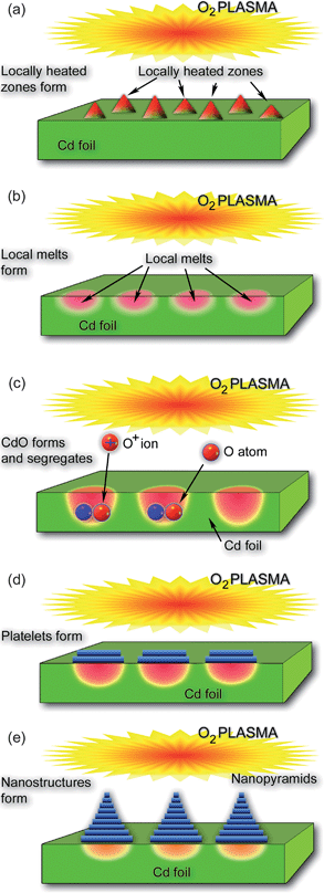 Main growth stages of platelet-structured CdO nanopyramids formed on the surface of a Cd foil under a short exposure to reactive oxygen plasmas.