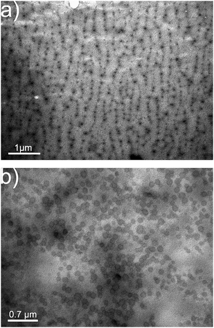 TEM images of precipitates obtained after 8 h at pH 8 beneath (a) an oscillating and (b) a static monolayer.