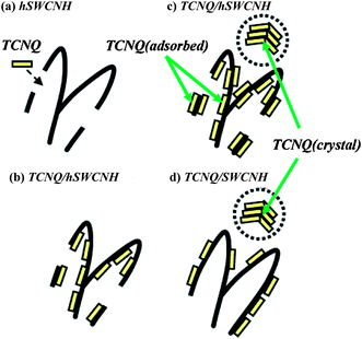 Schematic illustration of adsorption process of TCNQ onto hSWCNHs and SWCNHs. TCNQ molecules (yellow platelets) first enter inside hSWCNHs through holes (a) and then adsorb inside hSWCNHs (b), followed by adsorption onto the outside surface of hSWCNHs and TCNQ (crystal) formation away from hSWCNHs (c). TCNQ (adsorbed) and TCNQ (crystal) also formed for SWCNHs (d) (from ref. 75).