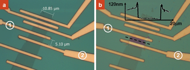 Optical images of PMMA-coated a graphene device before (a) and after (b) selective dissolution of the polymer. The inset in (b) is the AFM height profile of the pattern marked by the dotted line.
