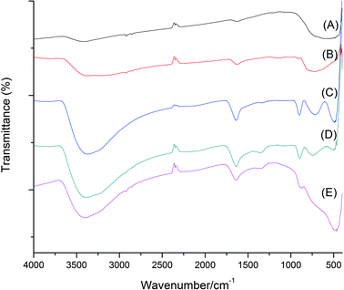 FTIR spectra of the as-synthesized powder. Curve (A) is for rutile synthesized in 3 mol L−1 HCl, (B) for anatase synthesized in pH 11, and (C), (D), (E) are for sodium titanate synthesized at pH 14, 5 mol L−1 NaOH and 10 mol L−1 NaOH, respectively.