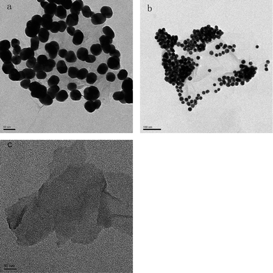 TEM images of (a) 40 nm Au NPs, (b) 20 nm Au NPs deposited onto GO sheets, and (c) GO.