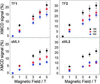 Variable temperature and variable field XMCD signal (%) measured for the samples TF1, TF2, sML1 and sML2.