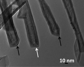 TEM images of the MoS2 nanotubes with various unusual caps. Shown in white arrow in the image is the flat cap, whereas the black arrow in the image shows the conical caps.
