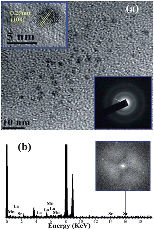 (a) TEM image of citrate–LSMO NPs, upper inset shows a HRTEM image of the crystalline structure of citrate–LSMO NPs, lower inset shows the selective area electron diffraction (SAED) pattern of the citrate–LSMO NPs. (b) shows EDAX spectrum of the citrate–LSMO NPs, an FFT image of the funtionalized NPs is shown in the inset.