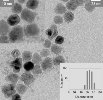 A representative transmission electron microscopic (TEM) image of MQD structure showing the presence of both 25 nm size γ-Fe2O3 and 3 nm size green flourescent CdSe–ZnS components. Inset: high resolution TEM image and DLS size of MQD.