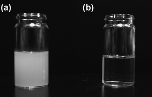 Photographic image of SrTiO3 particle dispersions prepared without oleic acid at 120 °C (a) and with oleic acid at 200 °C (b).