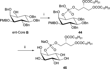 Synthesis of dipalmitoyl-PI analogue 45. Reagents and conditions: i. phosphoramidite 34, 1H-tetrazole, CH2Cl2, rt, then m-CPBA, −78 °C → rt, 55% (ii) Pd black, NaHCO3, tBuOH/H2O (6 : 1), H2 (3.1 bar), rt, 48 h, >99%.