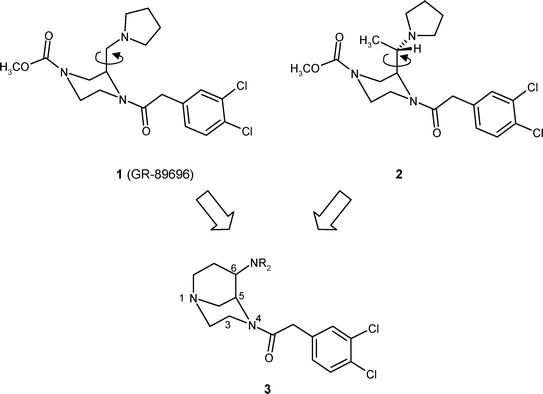 Design of conformationally constrained κ agonists 3, with a defined dihedral angle between the two pharmacophoric elements: pyrroline and phenylacetamide.