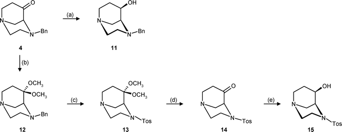 Reagents and reaction conditions: (a) LiBH4, THF, −20 °C, 91%. (b) CH3OH, HC(OCH3)3, p-TosOH, reflux, 79%. (c) H2, Pd/C, CH3OH, rt, then tosyl chloride, NEt3, CH2Cl2, rt, 80%. (d) 2 M HCl, H2O, reflux, 93%. (e) NaBH4, CH3OH, 0 °C, 91%.