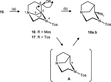 Reagents and reaction conditions: (a) Mesyl chloride or tosyl chloride, NEt3, CH2Cl2, rt, 16: 83%; 17: 70%. (b) NaN3, DMF, 80 °C, 18a: 22%; 18b: 32%.