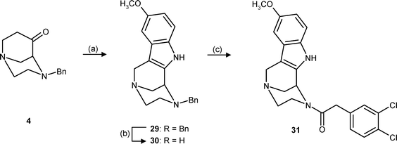 Reagents and reaction conditions: (a) p-Methoxyphenylhydrazine HCl, EtOH, HCl, reflux, 28%. (b) H2, Pd/C, CH3OH, rt. (c) 3,4-Dichlorophenylacetic acid, DCC, CH2Cl2, rt, 54%.