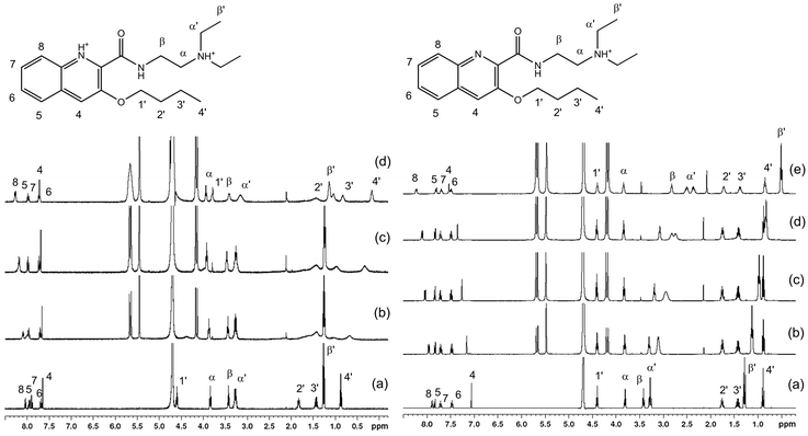1H NMR spectra of dibucaine (1.02 mmol dm−3) with CB[7] in (right) D2O: (a) 0.0 equiv., (b) 0.21 equiv., (c) 0.44 equiv., (d) 0.68 equiv. and (e) 1.37 equiv. of CB[7], and (left) D2O containing 0.10 mol dm−3 DCl: (a) 0.0 equiv., (b) 0.31 equiv., (c) 0.78 equiv., and (d) 1.24 equiv. of CB[7].