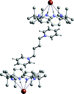 The X-ray crystal structure of the complex 12·2. Selected hydrogen atoms and dichloromethane solvent molecules have been omitted for clarity. An inversion centre lies at the midpoint of the central bond of the cation.