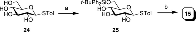 Reagents and conditions: a) t-BuPh2SiCl, imidazole, DMF, 45 °C; b) NaH, BnBr, DMF, 95% two steps.