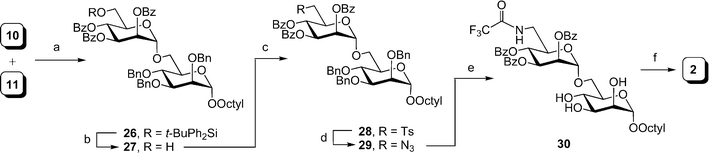 Reagents and conditions: a) NIS, TMSOTf, 4 Å MS, CH2Cl2, 0 °C, 85%; b) HF·pyridine–pyridine–THF (1 : 2 : 20), 66%; c) TsCl, pyridine, 91%; d) NaN3, DMF, reflux, 98%; e) i: Pd(OH)2–C, pyridine, H2; ii: (CF3CO)2O, pyridine, 0 °C to rt.; iii: Pd(OH)2–C, MeOH, H2, 68% over three steps; f) NaOMe, MeOH, 61%.