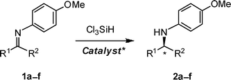 Asymmetric reduction of selected ketimines. For structures a–f see Table 1.