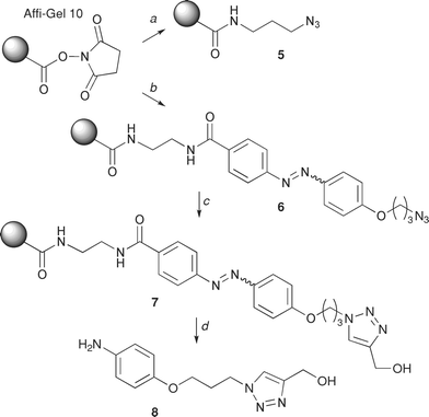 Affi-Gel supported azide synthesis and reactions. Reagents and conditions: (a) 3-azidopropylamine, MeOH, 18 h; (b) linker 1, Et3N, H2O/CH3CN, 18 h; (c) propargyl alcohol, CuSO4, sodium ascorbate, TBTA, H2O, t-BuOH, 18 h; (d) Na2S2O4.