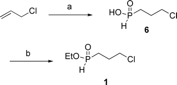 Synthesis of ethyl (3-chloropropyl)-H-phosphinate 1. (a) NaH2PO2, Et3B, rt, 2 h, 71%; (b) (EtO)4Si, toluene, reflux, 24 h, 40%.