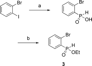 Synthesis of ethyl (2-bromophenyl)-H-phosphinate 3. (a) 1-bromo-2-iodobenzene, anilinium hypophosphite (3 equiv.), Pd(OAc)2 (2 mol%), dppp (2.2 mol%), CH3CN, reflux, 16 h, 65%; (b) (EtO)4Si, toluene, reflux, 24 h, 64%.