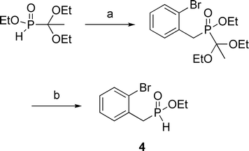 Synthesis of ethyl (2-bromobenzyl)-H-phosphinate 4. (a) 2-bromobenzyl bromide, LiHMDS, THF, −78 °C to rt, 3 h, 61%; (b) TMSCl, CH2Cl2, EtOH, rt, 16 h, 99%.