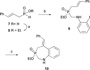 Tandem aminomethylation–Heck cyclization. (a) (EtO)4Si, toluene, reflux, 24 h, 92%; (b) 2-iodoaniline (1.2 equiv.), paraformaldehyde (1.2 equiv.), toluene, reflux, 16 h, 46%; (c) Pd(OAc)2 (2 mol%), dppf (2.2 mol%), i-Pr2NEt (2 equiv.), DMF, 110 °C, 35%.